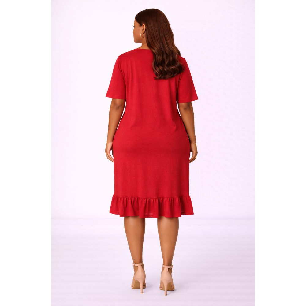 Red Button Detail Mini Dress with Ruffle Hem